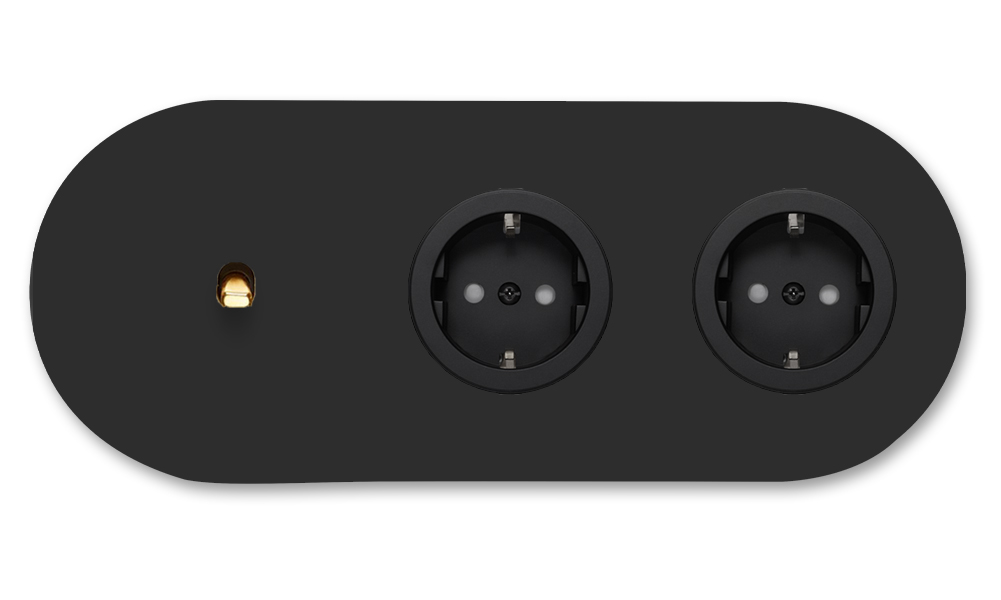 Toggle switch metal matte black gold 1 gang + 2 socket horizontal 2 way. Round Series