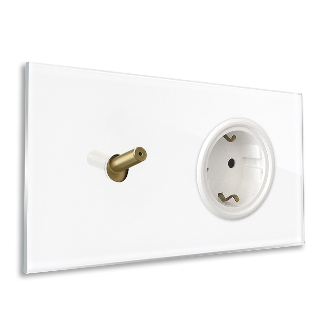 Modern illuminated horizontal switch-socket combo with 1 brass toggle lever in white glass optic. YORK