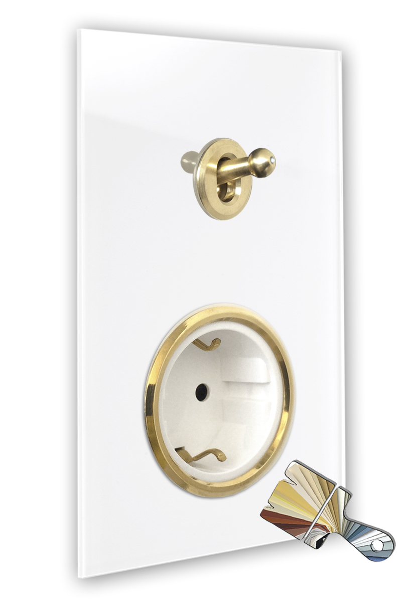 1 golden toggle switch + 1 white socket. Farrow Ball glass look