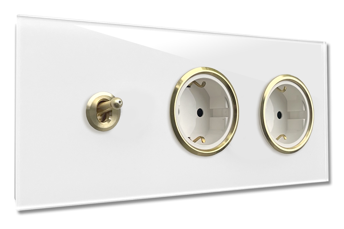 1 light switch with 2 sockets horizontal Glass-Optic White-Gold CAMBRIDGE