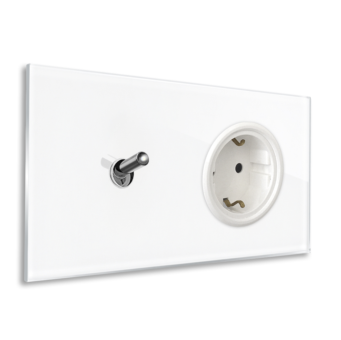 Modern illuminated horizontal switch-socket combo with 1 chrome toggle lever in white glass optic. YORK