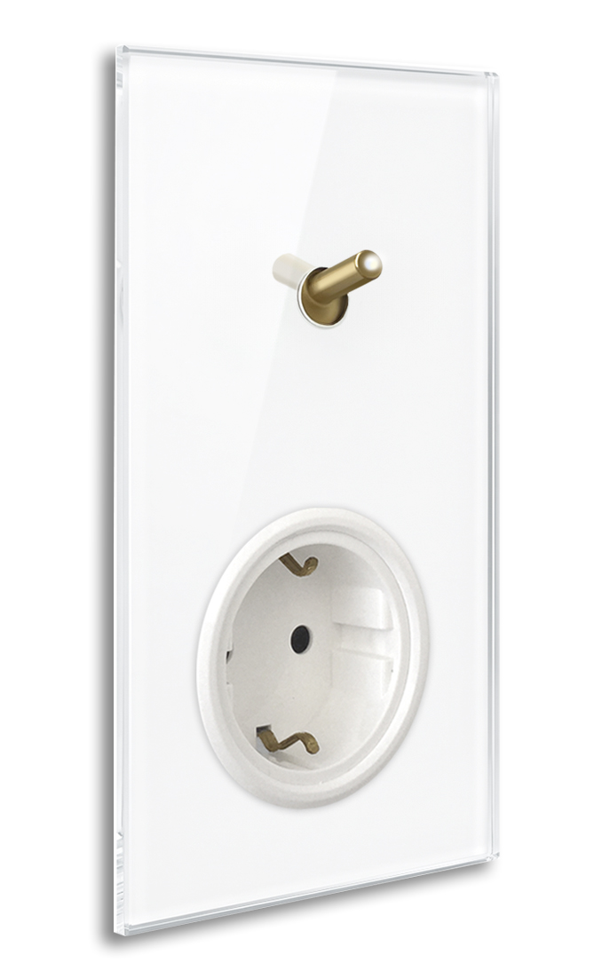 Modern illuminated switch-socket combo with 1 brass toggle lever in white glass optic. YORK